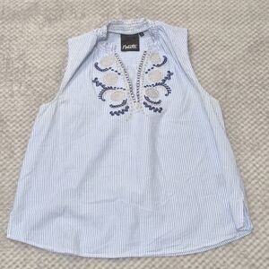 Nanette Lepore Ruffle VNeck Tank Medium Embroidered Striped Boho Blue White